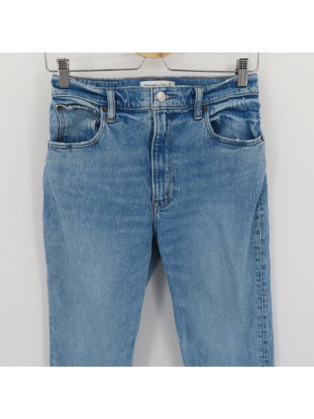 Abercrombie & Fitch 4/27 90s Straight Ultra High Rise Distressed Blue Denim Jean - Picture 2 of 12